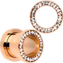 将图片加载到图库查看器，Clear CZ Gem Rose Gold PVD Bling Screw Fit Tunnel Plug Set 3mm to 16mm
