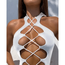 Load image into Gallery viewer, White One Piece Women Fashion Lace-up Plunge Swimsuit Sleeveless Solid Swimwear For Girls
