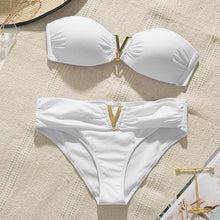 Load image into Gallery viewer, White Push Up Woman Swimsuit Bikini Set Two Piece Smocked Swimsuits Ruffle Off Shoulder Bathing Suit With High Waist Bottoms New Summer Beach Bikini Set Solid Swimming Suit For Women Swimwear Bathing Suit
