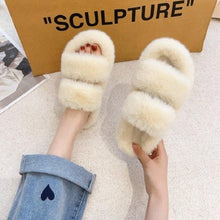 Load image into Gallery viewer, Winter Women Slippers Flat Casual Shoes Women Slippers Furry Slippers Thick Bottom Home Soft Slippers Faux Fur Slippers Comfy Open Toe Two Band Slides With Fleece Lining And Rubber Sole
