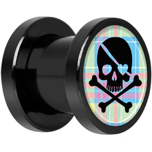 Load image into Gallery viewer, Pink Green Plaid Heart Skull Black Anodized Screw Fit Plug Set 0G
