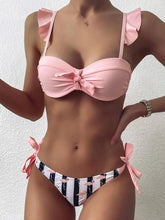 Load image into Gallery viewer, Women 2Pcs Summer Beach Bathing Suit Bowknot Ruffle Sleeve Crop Tops  Striped Print Swimsuit  Bikini Sets 2 Piece Ruffled V Neck Bathing Suits Summer Swimwear
