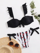 Load image into Gallery viewer, Women 2Pcs Summer Beach Bathing Suit Bowknot Ruffle Sleeve Crop Tops  Striped Print Swimsuit  Bikini Sets 2 Piece Ruffled V Neck Bathing Suits Summer Swimwear
