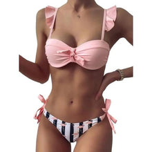 Load image into Gallery viewer, Women 2Pcs Summer Beach Bathing Suit Bowknot Ruffle Sleeve Crop Tops  Striped Print Swimsuit  Bikini Sets 2 Piece Ruffled V Neck Bathing Suits Summer Swimwear
