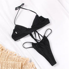 将图片加载到图库查看器，Women Bikini Set Solid Color Swimsuit Women Two Piece Swimsuit Swimwear Halter String Triangle Bikini Sets Women Hollow Out Bikinis String Swimwear Women Adjustable Bathing Suit
