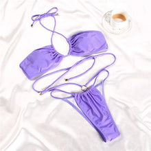 将图片加载到图库查看器，Women Bikini Set Solid Color Swimsuit Women Two Piece Swimsuit Swimwear Halter String Triangle Bikini Sets Women Hollow Out Bikinis String Swimwear Women Adjustable Bathing Suit
