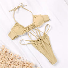 将图片加载到图库查看器，Women Bikini Set Solid Color Swimsuit Women Two Piece Swimsuit Swimwear Halter String Triangle Bikini Sets Women Hollow Out Bikinis String Swimwear Women Adjustable Bathing Suit
