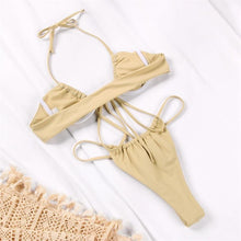 将图片加载到图库查看器，Women Bikini Set Solid Color Swimsuit Women Two Piece Swimsuit Swimwear Halter String Triangle Bikini Sets Women Hollow Out Bikinis String Swimwear Women Adjustable Bathing Suit
