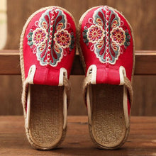 将图片加载到图库查看器，Women Casual Linen Handmade Mules Flat Slippers Retro Vegan Summer Canvas Comfortable Espadrille New Women Shoes Slides Flat Summer Style Handmade Retro Slippers
