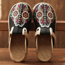 将图片加载到图库查看器，Women Casual Linen Handmade Mules Flat Slippers Retro Vegan Summer Canvas Comfortable Espadrille New Women Shoes Slides Flat Summer Style Handmade Retro Slippers

