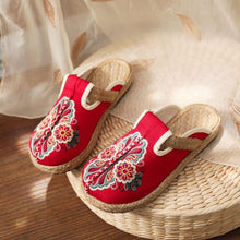 将图片加载到图库查看器，Women Casual Linen Handmade Mules Flat Slippers Retro Vegan Summer Canvas Comfortable Espadrille New Women Shoes Slides Flat Summer Style Handmade Retro Slippers
