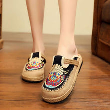 将图片加载到图库查看器，Women Casual Linen Handmade Mules Flat Slippers Retro Vegan Summer Canvas Comfortable Espadrille New Women Shoes Slides Flat Summer Style Handmade Retro Slippers
