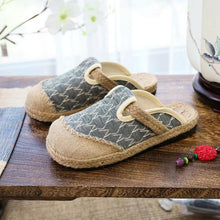 将图片加载到图库查看器，Women Casual Linen Handmade Mules Flat Slippers Retro Vegan Summer Canvas Comfortable Espadrille New Women Shoes Slides Flat Summer Style Handmade Retro Slippers
