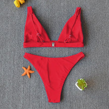 将图片加载到图库查看器，Women Charming Bikini Swimsuit Women Push Up Swimwear Two Piece Bikini Set Solid Color Bathing Suit Swim Suit Female Women Two Piece Bikini Swimsuit Halter Twist Front Bathing Suit Swimwear
