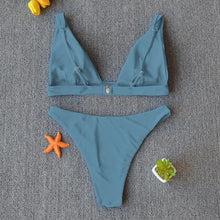 将图片加载到图库查看器，Women Charming Bikini Swimsuit Women Push Up Swimwear Two Piece Bikini Set Solid Color Bathing Suit Swim Suit Female Women Two Piece Bikini Swimsuit Halter Twist Front Bathing Suit Swimwear
