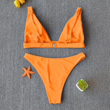 将图片加载到图库查看器，Women Charming Bikini Swimsuit Women Push Up Swimwear Two Piece Bikini Set Solid Color Bathing Suit Swim Suit Female Women Two Piece Bikini Swimsuit Halter Twist Front Bathing Suit Swimwear
