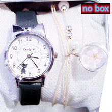 Load image into Gallery viewer, Women Charming Watch Set Pink Leather Strap Student Watch Children Black Cat Leather Strap And Round Dial Quartz Watches For Women Cat Dial With Stainless Steel Dial Quartz Watch
