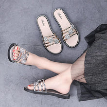 Load image into Gallery viewer, Women Fashion Silver High Quality Anti Skid Beach Sandals Lady Casual Golden Crystal Summer Home Sandals Women's T-Strap Thong Crystal Rhinestone Glitter Stretch Flat Sandal
