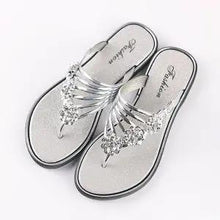 Load image into Gallery viewer, Women Fashion Silver High Quality Anti Skid Beach Sandals Lady Casual Golden Crystal Summer Home Sandals Women's T-Strap Thong Crystal Rhinestone Glitter Stretch Flat Sandal
