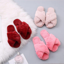Load image into Gallery viewer, Women Fashion Warm Fluffy Slippers Cozy Faux Fur Cross Indoor Floor Slides Flat Soft Furry Flip Flops Cross Band Soft Plush Cozy House Shoes Furry Open Toe Indoor Outdoor Slip On Warm Breathable Anti-Skid Sole
