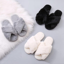 Load image into Gallery viewer, Women Fashion Warm Fluffy Slippers Cozy Faux Fur Cross Indoor Floor Slides Flat Soft Furry Flip Flops Cross Band Soft Plush Cozy House Shoes Furry Open Toe Indoor Outdoor Slip On Warm Breathable Anti-Skid Sole
