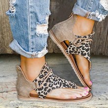 将图片加载到图库查看器，Women Flat Sandals Leopard Snake Print Summer Shoes Beach Leather Sandals Retro Flip Flops Slippers Women Casual Summer Flat Sandal Open Toe Beach Back Zipper T-Strap Outdoor Sandals

