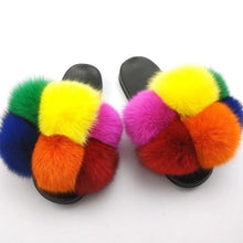 将图片加载到图库查看器，Women Fox Fur Slides Home Beautiful Flat Sandals Female Cute Fluffy House Woman Fur Fluffy Slippers Furry Slides Summer Sandals Open Toe Indoor Outdoor Comfortable Slides Sandals
