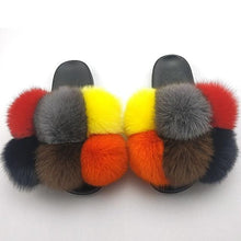 将图片加载到图库查看器，Women Fox Fur Slides Home Beautiful Flat Sandals Female Cute Fluffy House Woman Fur Fluffy Slippers Furry Slides Summer Sandals Open Toe Indoor Outdoor Comfortable Slides Sandals
