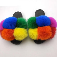 将图片加载到图库查看器，Women Fox Fur Slides Home Beautiful Flat Sandals Female Cute Fluffy House Woman Fur Fluffy Slippers Furry Slides Summer Sandals Open Toe Indoor Outdoor Comfortable Slides Sandals
