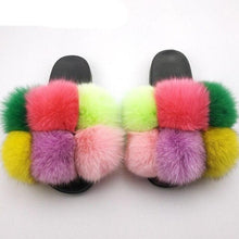 将图片加载到图库查看器，Women Fox Fur Slides Home Beautiful Flat Sandals Female Cute Fluffy House Woman Fur Fluffy Slippers Furry Slides Summer Sandals Open Toe Indoor Outdoor Comfortable Slides Sandals
