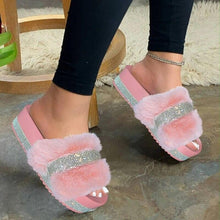 将图片加载到图库查看器，Women Fur Slippers Summer Home Flat Fur Slides For Women Fluffy Shoes Glitter Women' Casual Shoes House Slippers With Arch Support Slip-On Slippers For Women Flat Sandals
