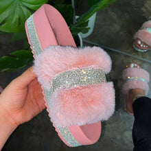 将图片加载到图库查看器，Women Fur Slippers Summer Home Flat Fur Slides For Women Fluffy Shoes Glitter Women' Casual Shoes House Slippers With Arch Support Slip-On Slippers For Women Flat Sandals
