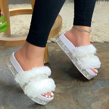 将图片加载到图库查看器，Women Fur Slippers Summer Home Flat Fur Slides For Women Fluffy Shoes Glitter Women' Casual Shoes House Slippers With Arch Support Slip-On Slippers For Women Flat Sandals
