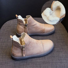 将图片加载到图库查看器，Women Genuine Leather Ankle Boots Warm Fur Waterproof Slip On Super Comfortable Booties Autumn Winter Shoes Keep Warm Anti-Slip Soft Sole Warm Fur Lined Winter Ankle Booties
