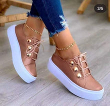 将图片加载到图库查看器，Women Gold Sneakers White Round Head Platform Causal  Sports Cute Pink Fashion Flats Exclusive Women's Cult Fashionable High Platform Calf White Sneaker Lace Up Stylish Casual Walking Sneakers
