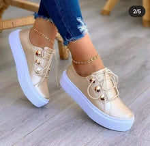 将图片加载到图库查看器，Women Gold Sneakers White Round Head Platform Causal  Sports Cute Pink Fashion Flats Exclusive Women's Cult Fashionable High Platform Calf White Sneaker Lace Up Stylish Casual Walking Sneakers
