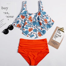 将图片加载到图库查看器，Women High Waist Bikini Plus Size Swimwear Summer Swimsuit Beach Bathing Suit Ruffle Bikini  Floral Printed Ruffle High Waist Bikini Set Women's Tummy Control Bathing Suit Swimsuit Flounce Peplum
