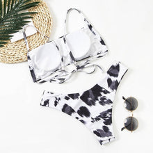 Load image into Gallery viewer, Women Lace Up Black Print Bikini Set Beach Swimsuit Women's Halter Self Bikini Set Padded Top Two Piece Swimsuit Summer Padded Bra Swim Panties  Bandage Vintage Bathing Suit
