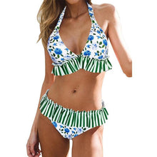 将图片加载到图库查看器，Women Low Waist Bikini Ruffle Swimwear Women Print Swimsuit Women's Bikini Swimsuits Ruffle Floral Two Piece Bathing Suits Printed Halter Neck Swimwear Beachwear Push Up Bikinis Two-piece Bathing Suits Beach Wear
