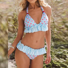 将图片加载到图库查看器，Women Low Waist Bikini Ruffle Swimwear Women Print Swimsuit Women's Bikini Swimsuits Ruffle Floral Two Piece Bathing Suits Printed Halter Neck Swimwear Beachwear Push Up Bikinis Two-piece Bathing Suits Beach Wear
