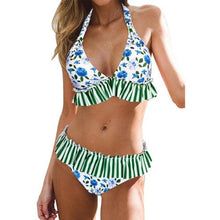 将图片加载到图库查看器，Women Low Waist Bikini Ruffle Swimwear Women Print Swimsuit Women's Bikini Swimsuits Ruffle Floral Two Piece Bathing Suits Printed Halter Neck Swimwear Beachwear Push Up Bikinis Two-piece Bathing Suits Beach Wear
