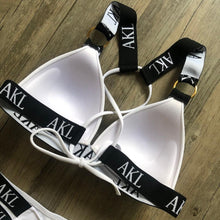 Load image into Gallery viewer, Women Luxury Black White Swimwear Women's Swimming Suit Push Up Bikini  Lace Up Bikinis Women Swimsuit Women's Bathing Suits Push Up Halter Bandage Bikini Letter Printing Mini Summer Bikini Set
