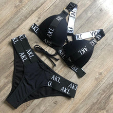 Load image into Gallery viewer, Women Luxury Black White Swimwear Women's Swimming Suit Push Up Bikini  Lace Up Bikinis Women Swimsuit Women's Bathing Suits Push Up Halter Bandage Bikini Letter Printing Mini Summer Bikini Set
