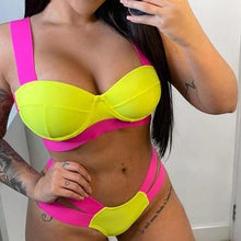 将图片加载到图库查看器，Women Push Up Bikini Women Neon Bandage Swimwear Women Patchwork Bikini Swimsuit 2 Piece  Cutout Molded Push Up Bathing Suit Ruffle Hook Closure Bikini Set Two Piece Bathing Suit
