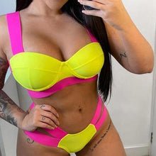 将图片加载到图库查看器，Women Push Up Bikini Women Neon Bandage Swimwear Women Patchwork Bikini Swimsuit 2 Piece  Cutout Molded Push Up Bathing Suit Ruffle Hook Closure Bikini Set Two Piece Bathing Suit
