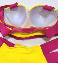将图片加载到图库查看器，Women Push Up Bikini Women Neon Bandage Swimwear Women Patchwork Bikini Swimsuit 2 Piece  Cutout Molded Push Up Bathing Suit Ruffle Hook Closure Bikini Set Two Piece Bathing Suit
