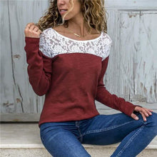 将图片加载到图库查看器，Women Round Neck Sexy Lace Casual Long-Sleeved Top
