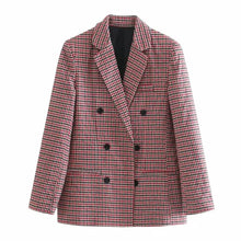将图片加载到图库查看器，Women's Fashionable Office Wear Double Breasted Plaid Blazer Coat Vintage Long Sleeve Pockets Female Outerwear Chic Tops
