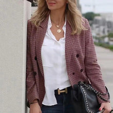 将图片加载到图库查看器，Women's Fashionable Office Wear Double Breasted Plaid Blazer Coat Vintage Long Sleeve Pockets Female Outerwear Chic Tops
