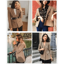 将图片加载到图库查看器，Women's Fashionable Office Wear Double Breasted Plaid Blazer Coat Vintage Long Sleeve Pockets Female Outerwear Chic Tops
